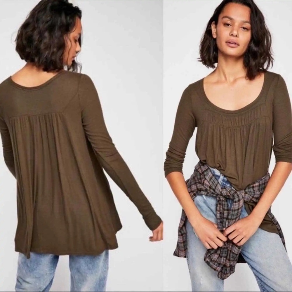 Free People We The Free Love Valley Long Sleeve High/Low Top in Olive Green sz M